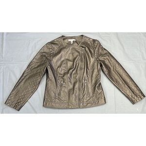 Chico’s Champagne Faux Leather Quilted Lined Moto Jacket  Long Sleeve Size 1